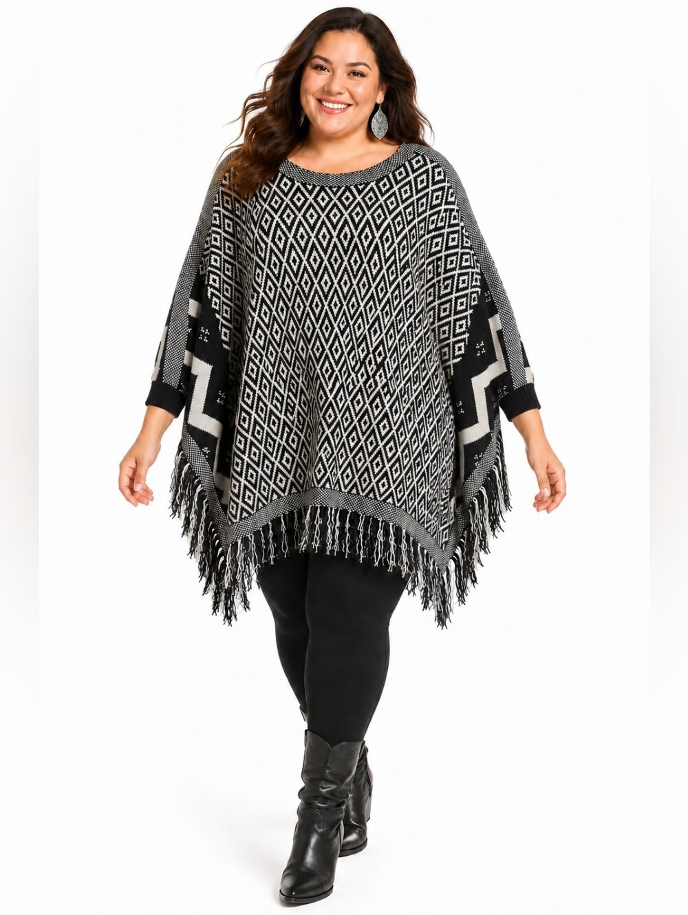 Artisan NY 1X Southwestern Geometric Fringe Poncho Sweater Black white ranch